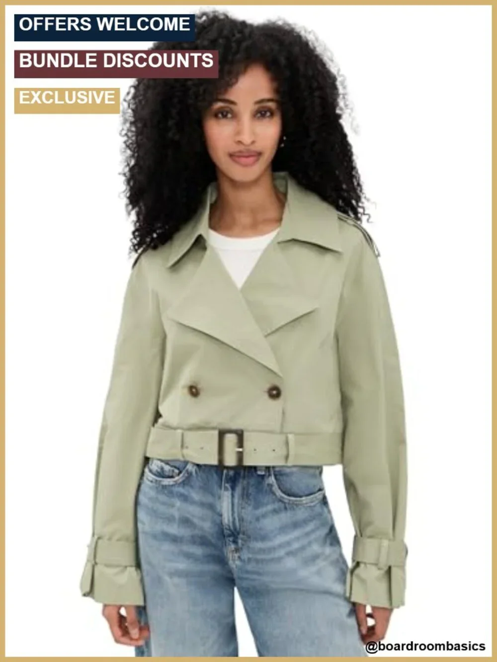 Cropped Trench Coat 100% Cotton Double-Breasted Belted Jacket